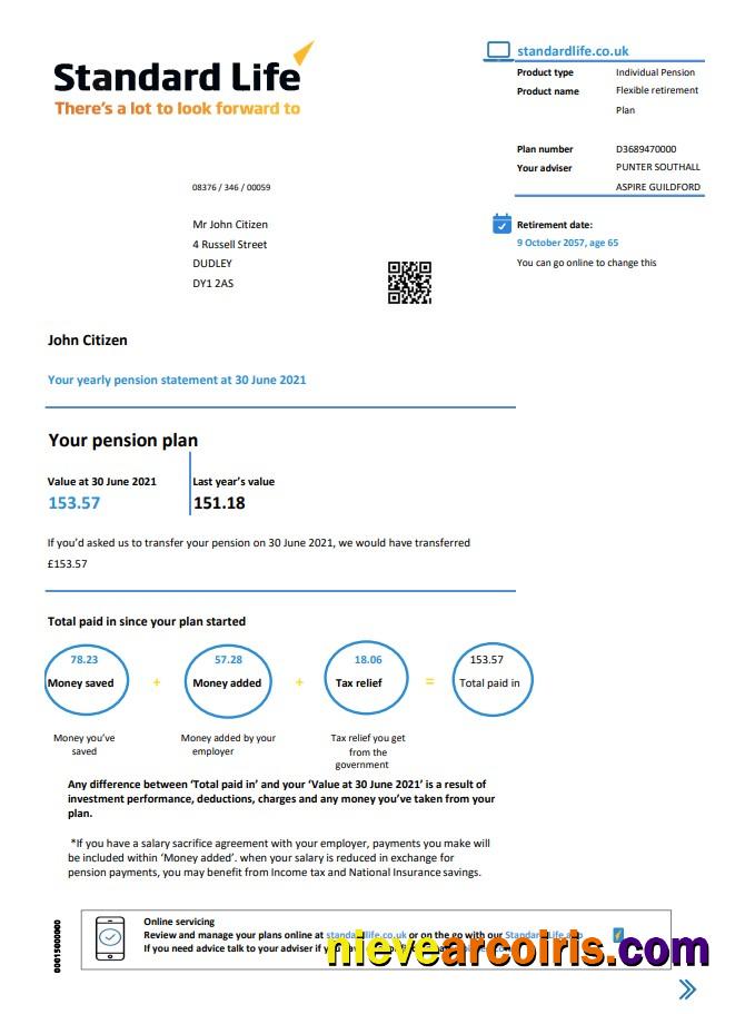 United Kingdom Standard Life proof of address pension statement in Excel and PDF (.xls and .pdf) format
